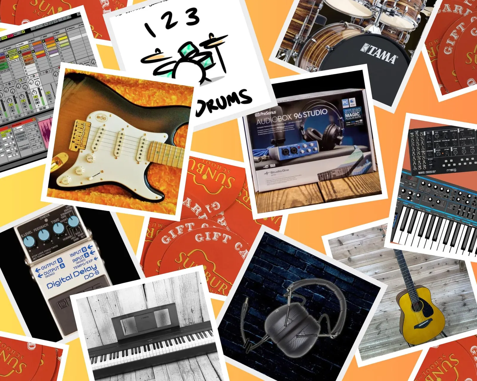 A drum set , guitar , keyboard and other musical instruments are surrounded by gifts.